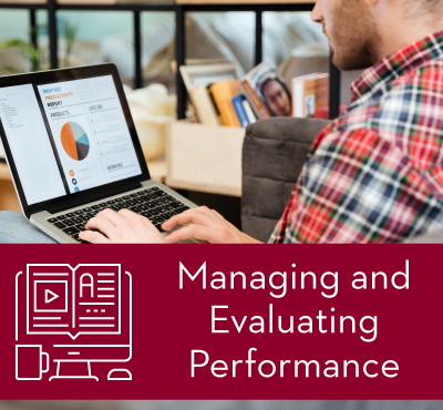 Banner for Managing and Evaluating Performance online course, featuring a person on a laptop looking at a pie chart