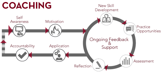 Cyclical Coaching Model: Self-Awareness, Motivation, Ongoing Feedback and Support, Application, and Accountability. Ongoing Feedback and Support includes New Skill Development, Practice Opportunity, Assessment, and Reflection.